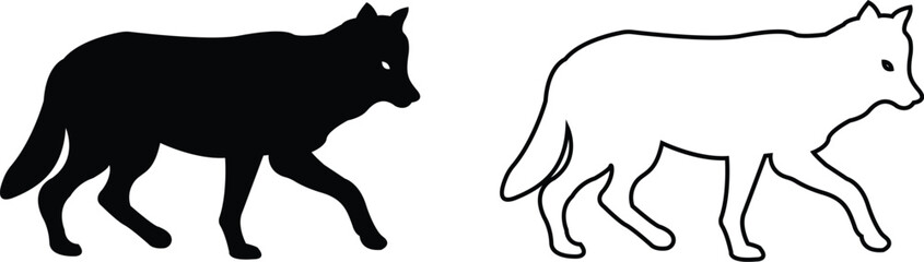 Black wolf silhouette cutout icon set. Flat and line vector wolf animal collection isolated on transparent background. Front and side view print tribal tattoo howling design Pagan familiar spirit art