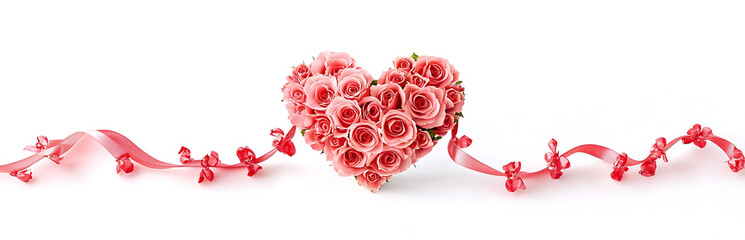 Full width heart-shaped flowers and rose bouquet, white background