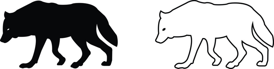 Black wolf silhouette cutout icon set. Flat and line vector wolf animal collection isolated on transparent background. Front and side view print tribal tattoo howling design Pagan familiar spirit art