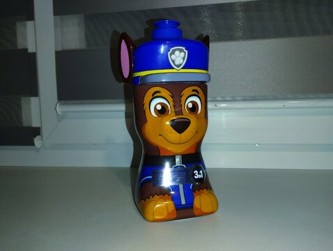 Sambir, Ukraine, - January  10, 2025: Liquid soap on the windowsill in the bathroom in a bottle shaped like a dog from the cartoon Paw Patrol.