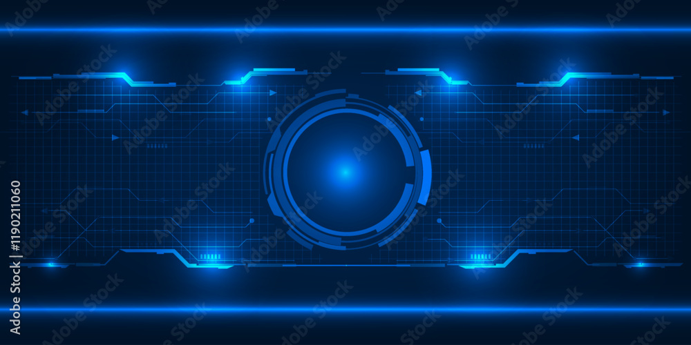 Poster vector illustration of futuristic blue digital high technology with circle hud and digital circuit e