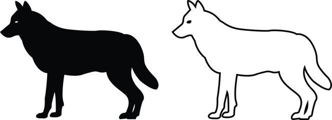 Black wolf silhouette cutout icon set. Flat and line vector wolf animal collection isolated on transparent background. Front and side view print tribal tattoo howling design Pagan familiar spirit art