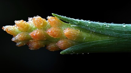 Vibrant Green Plant Stem with Delicate Orange and Yellow Flower Buds Close-up Macro Photography
