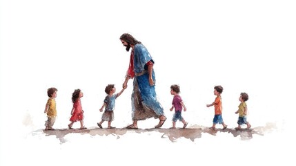 Jesus Christ and Children: A Watercolor Illustration of Faith and Love