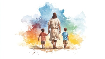 Jesus Christ and Children: A Watercolor Illustration of Faith and Love
