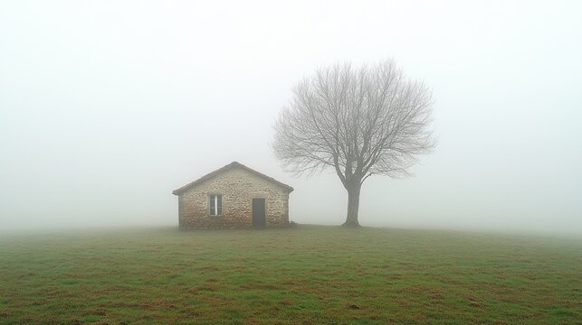 Lonely stone house and bare tree in dense fog. - Powered by Adobe