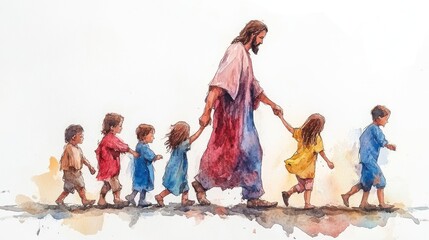 Jesus Christ and Children: A Watercolor Illustration of Faith and Love