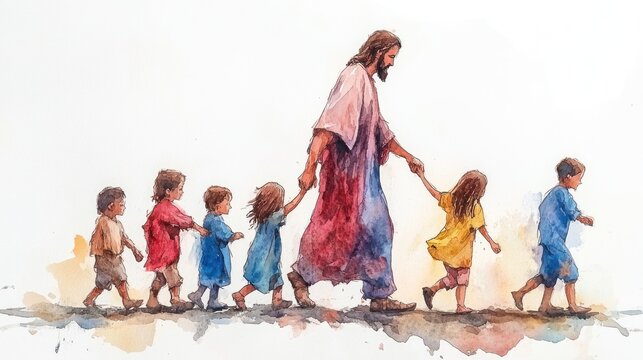 Jesus Christ and Children: A Watercolor Illustration of Faith and Love