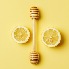 Honey dipper between two lemon halves on yellow background.