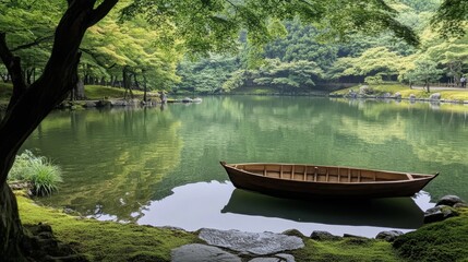 Serene Japanese Garden Lake with Wooden Boat