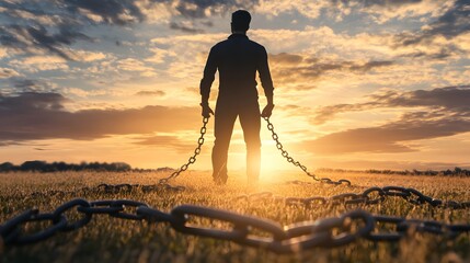 Silhouette of a Man Standing Tall in a Field at Sunrise, Embracing Freedom and New Beginnings Amidst a Stunning Landscape with Chains Behind Him
