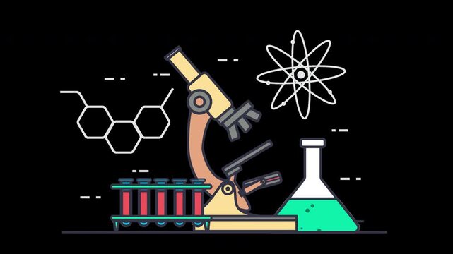 Colorful scientific tools including a microscope and glassware against a black background.