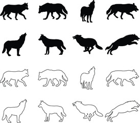 Black wolf silhouette cutout icon set. Flat and line vector wolf animal collection isolated on transparent background. Front and side view print tribal tattoo howling design Pagan familiar spirit art