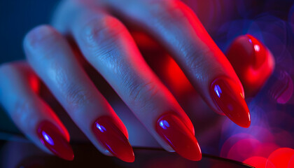 Photo Red Nails Neon Light Fashion Beauty
