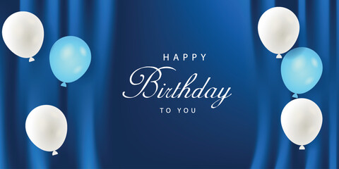 Elegant blue balloon and silk curtain background Happy Birthday celebration vector illustration design