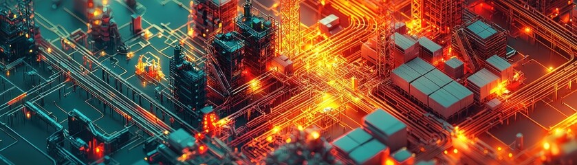 Futuristic Industrial Landscape with Neon Lights and Structures