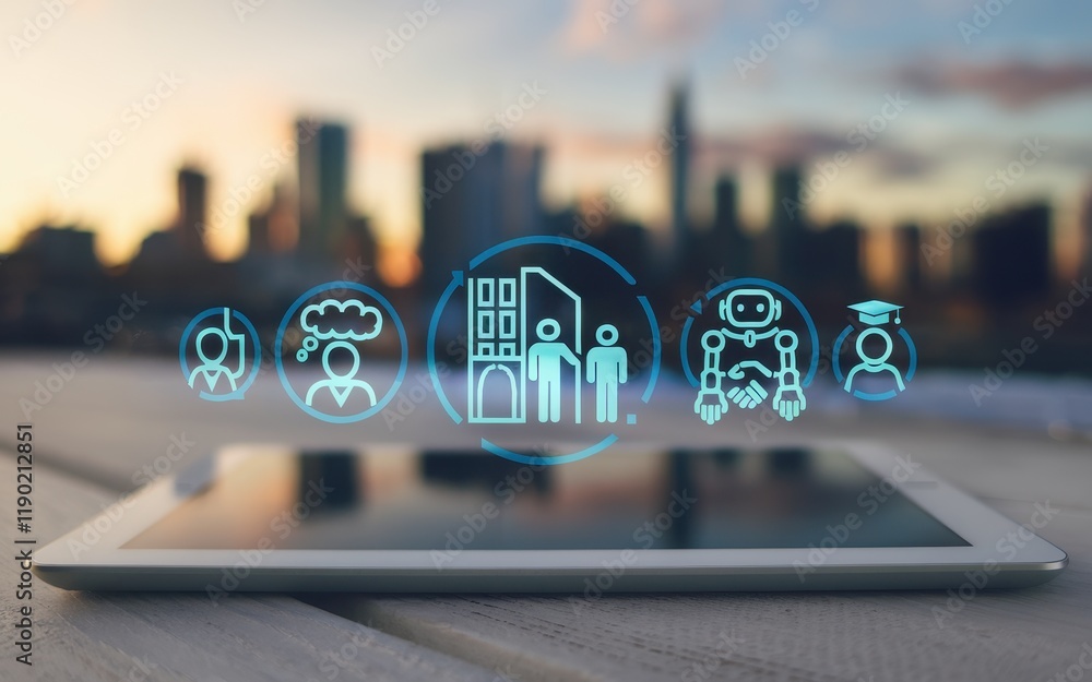Poster digital transformation icons on tablet displaying urban development