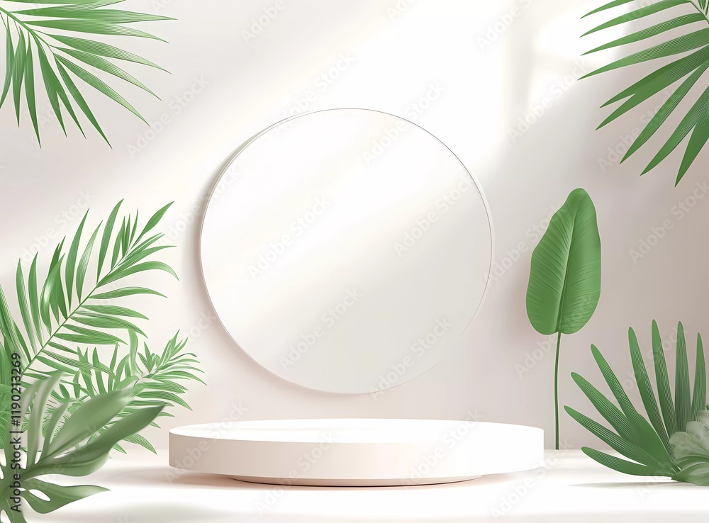Poster 3d rendering of a white empty podium with bamboo leaves on the right side and a circular shape in fr
