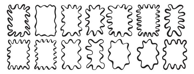 squiggle frame set. Smooth wavy border template. Rectangle serrated retro groovy shapes set. Cute funky geometric posters for modern design