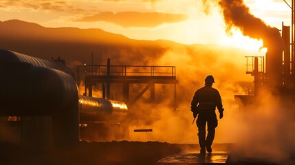 Fototapeta premium Silhouette of Worker Walking Past Large Geothermal Facility at Sunset, Emphasizing Industrial Landscapes and Environmental Impact on Energy Production
