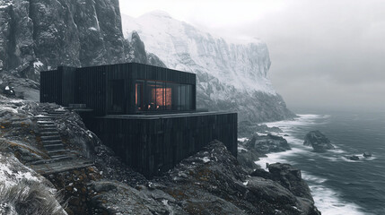 Modern black cabin perched on rugged coastal cliffs with dramatic snowy mountains and ocean waves under a moody sky
