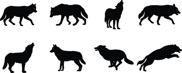 Black wolf silhouette cutout icon set. Flat vector wolf animal collection isolated on transparent background. Front and side view print tribal tattoo howling design Pagan familiar spirit art
