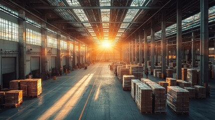 Fototapeta premium Bright Sunlight Streaming Through Warehouse with Pallets and Shelves