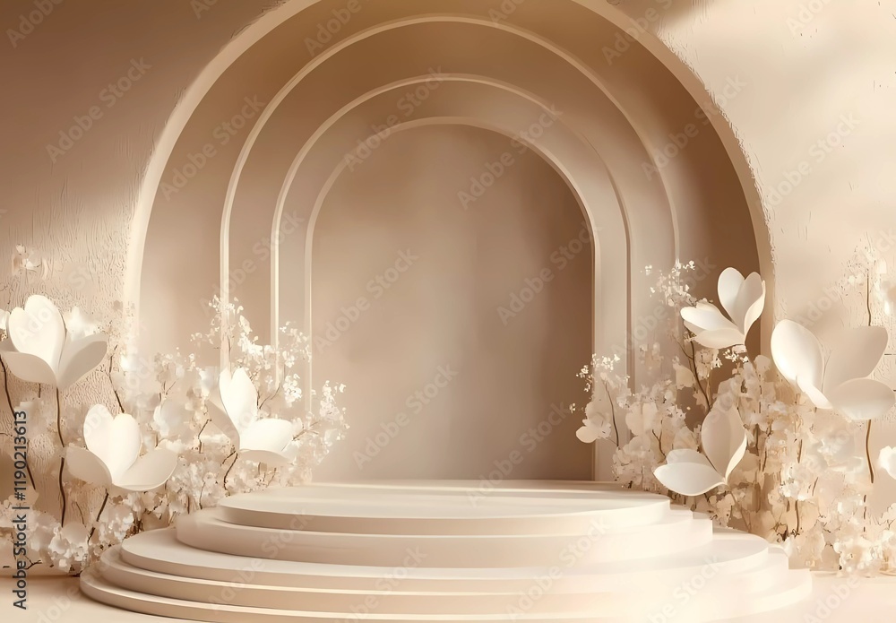 Poster 3D render of an abstract background with geometric, minimal shapes and empty space for product presentation, mock-up design studio showcase stage, and a beige podium display. 
