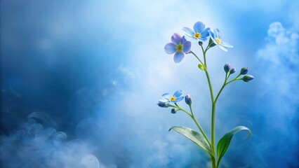 Serene Blue Flowers in a Dreamlike Haze, a Botanical Still Life Image Featuring Delicate Blooms and Soft, Misty Background