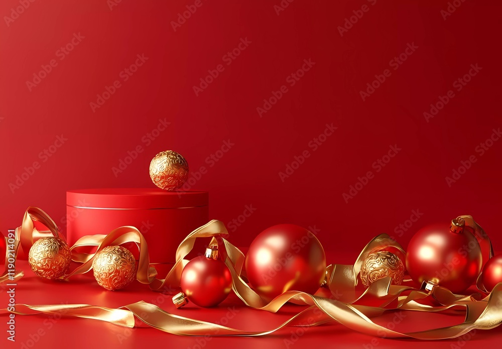 Poster 3d rendering of a red background with chinese new year elements and a podium for product display pre