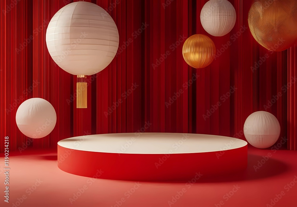 Poster 3d rendering of a red background with chinese new year elements and a podium for product display pre