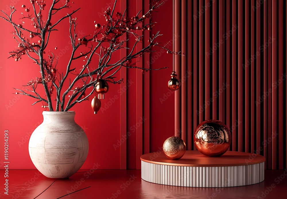 Poster 3d rendering of a red background with chinese new year elements and a podium for product display pre