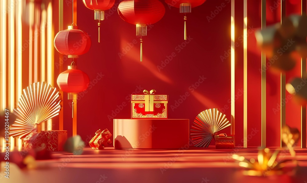 Poster 3d rendering of a red background with golden chinese new year elements and a podium for product disp