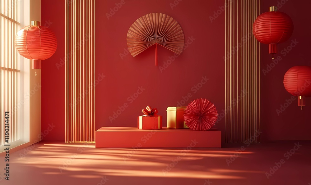 Poster 3d rendering of a red background with golden chinese new year elements and a podium for product disp