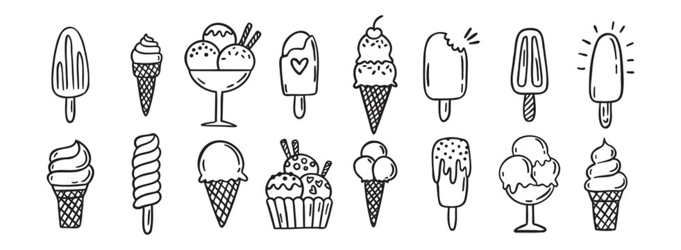 ice cream doodle hand drawn icon set. Outline drawing ice cream line clipart symbol collection