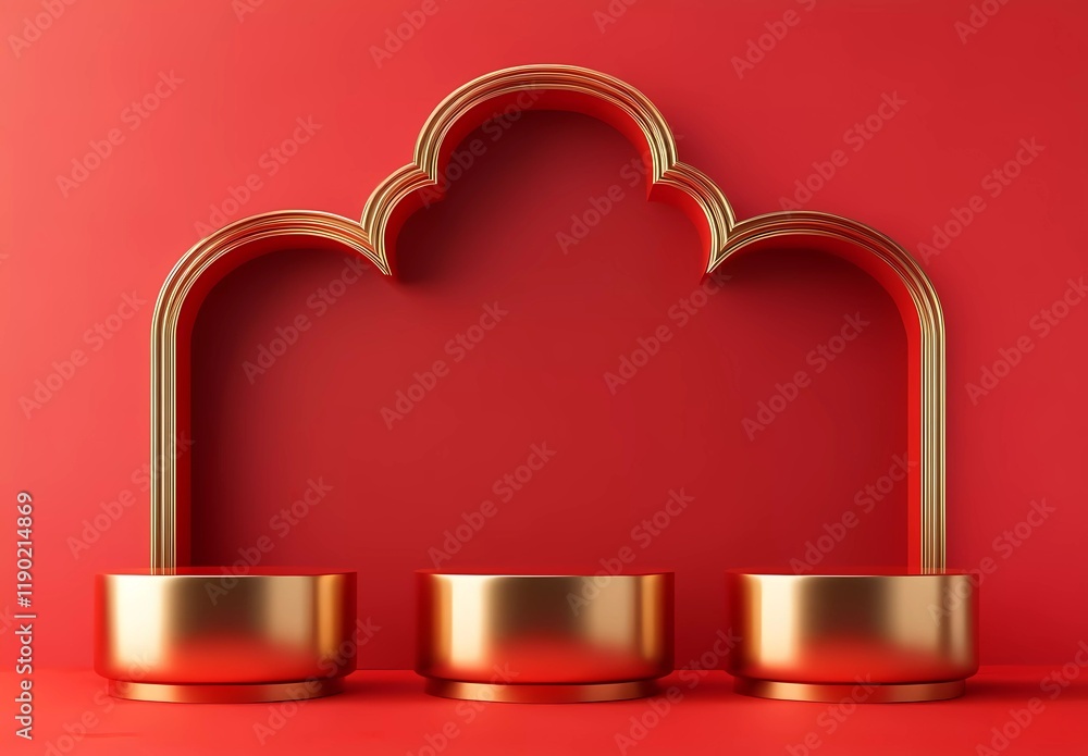 Poster 3d rendering, red background with chinese new year elements, podium display design for product promo