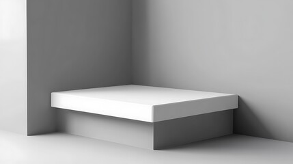 White box sits on gray platform in corner