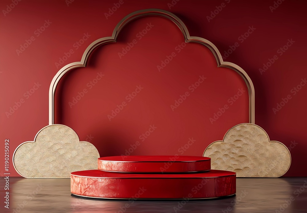 Poster 3d rendering, red background with chinese new year elements, podium display design for product promo
