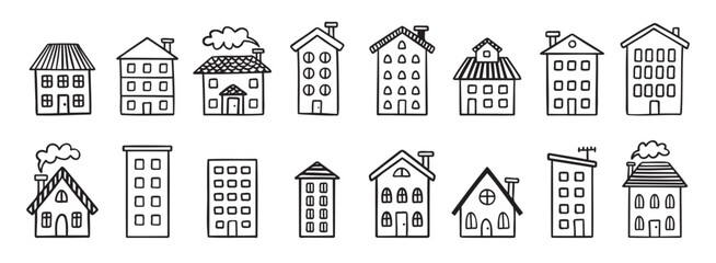 House building with roof doodle hand drawn icon set. Outline drawing house building with roof line clipart symbol collection