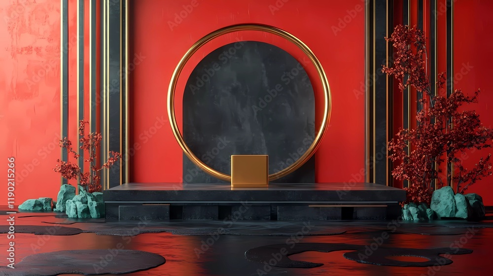 Poster 3d rendering with a chinese-style background wall featuring a red and gold color scheme. dark gray, 