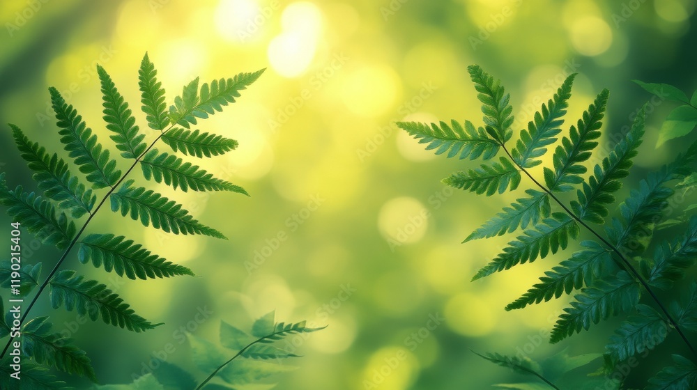 Poster luminous fern fronds dance in a blurred emerald and chartreuse bokeh forest backdrop creating a sere