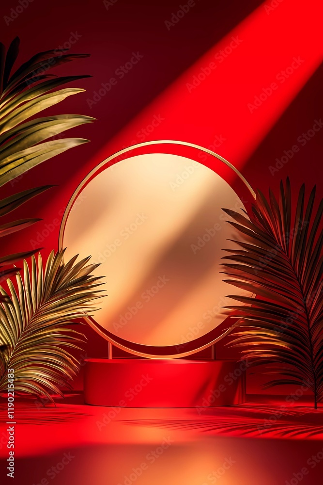 Poster a minimalist display podium with a golden circular shape on a red background, surrounded by palm lea