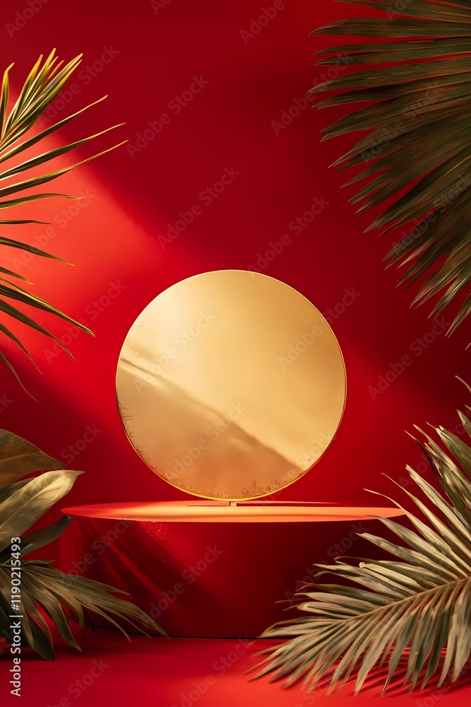 Poster a minimalist display podium with a golden circular shape on a red background, surrounded by palm lea