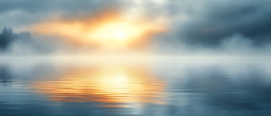 Misty sunrise over calm lake reflecting sun.