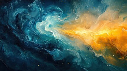 A swirling abstract painting in shades of turquoise, blue, green, and yellow