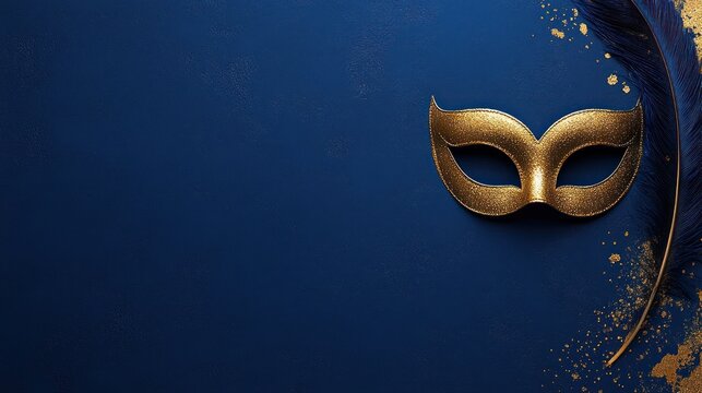 Golden Carnival Mask with Feathers on Blue Background Banner