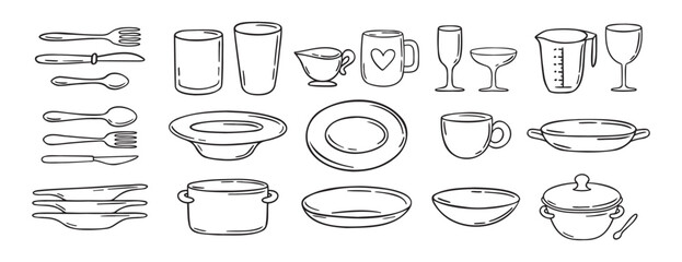 dishes dinnerware doodle hand drawn icon set. Plate, glass and cup, mug, bowl. Outline drawing tableware for kitchen line clipart symbol collection