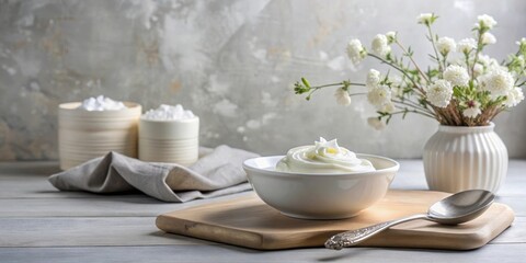 Creamy Delight A Bowl of Whipped Cream on a Wooden Board with a Spoon and Delicate White Flowers in a Vase