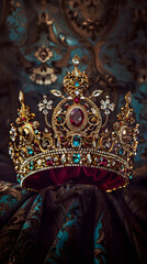 Obraz premium Regal Elegance: Opulent Jeweled Crown Glistening Against a Plush Dark Background