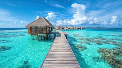 An aerial view captures the stunning beauty of a Maldives island, showcasing luxurious water villas and a wooden pier set against the vibrant colors of a breathtaking sky.